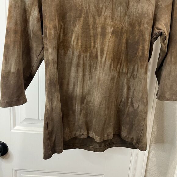 Glima Brown Tie Dye Shirt Womens Size L 3/4 Sleeve Hippie Boho Crochet Neck - Picture 8 of 9